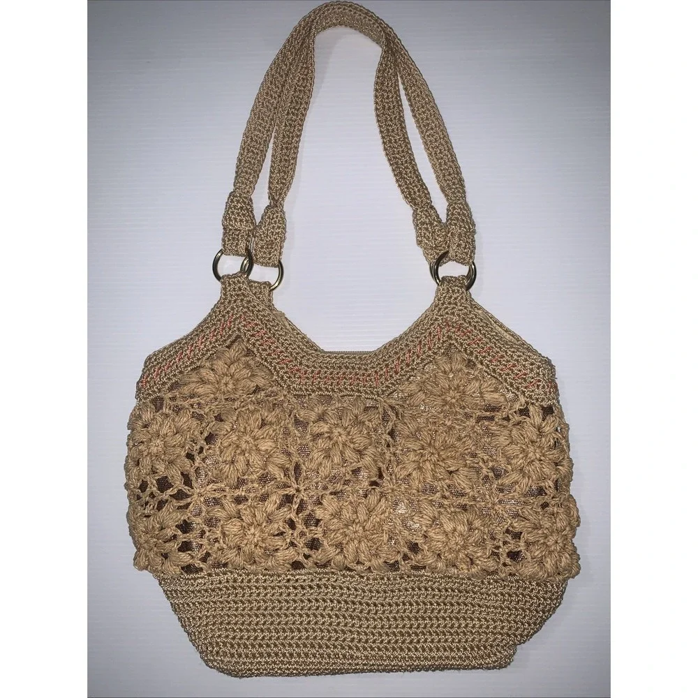 The Sak Crochet Hobo Shoulder Bag Boho Purse Floral Tan Chic Beach Summer Casual